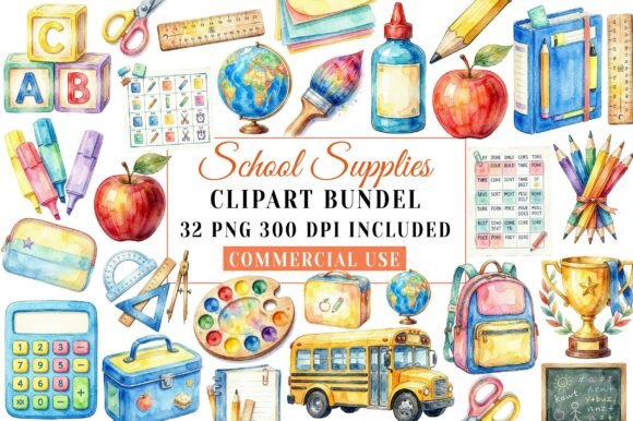 Download Watercolor School Supplies Clipart - Clipart Collection