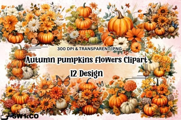Download Autumn Pumpkins with Flowers Clipart - Clipart Collection