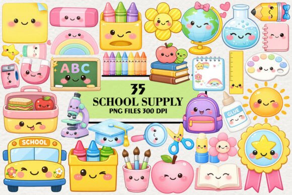 Download Kawaii School Supplies Clipart Bundle - Clipart Collection